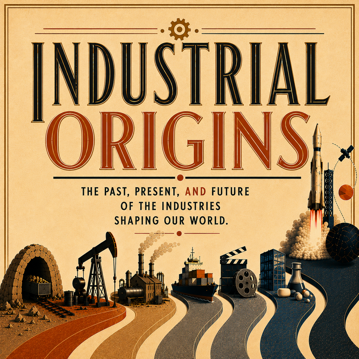 Industrial Origins podcast artwork showing an industry journey from cave to city to space